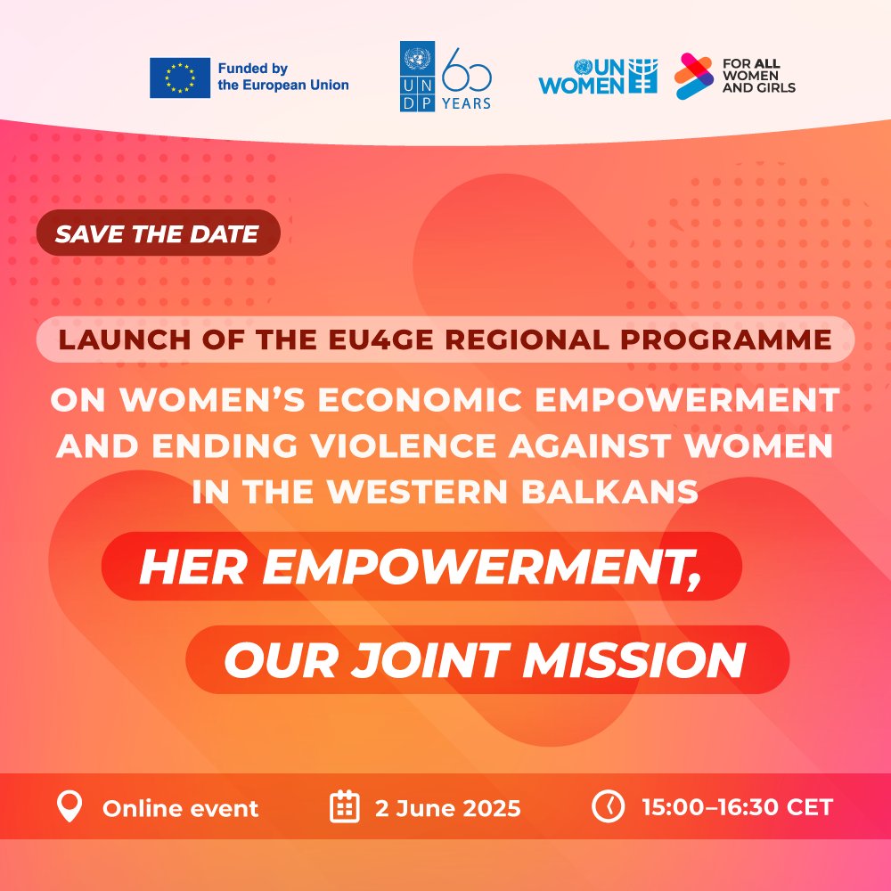 UN Women Europe & Central Asia (@unwomeneca) on Twitter photo 🚀 Launching soon: #EU4GE Regional Programme on Women's Economic Empowerment & Ending Violence against Women in the Western Balkans!
📅 June 2, 2025
🌐 Online event
Join <a href="/EU_Commission/">European Commission</a>, <a href="/UN_Women/">UN Women</a> & <a href="/UNDP/">UN Development</a> for collaborative action in #WB6.
Register now: unwo.men/XU8f50W1w2H 🚀 Launching soon: #EU4GE Regional Programme on Women's Economic Empowerment & Ending Violence against Women in the Western Balkans!
📅 June 2, 2025
🌐 Online event
Join <a href="/EU_Commission/">European Commission</a>, <a href="/UN_Women/">UN Women</a> & <a href="/UNDP/">UN Development</a> for collaborative action in #WB6.
Register now: unwo.men/XU8f50W1w2H