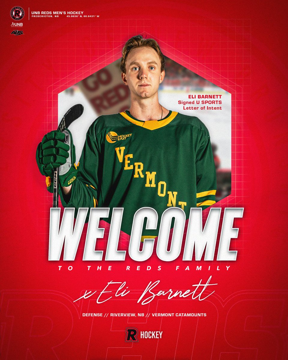𝑺𝑰𝑮𝑵𝑬𝑫 ✍️

The REDS just got a lot bigger — welcome home, Eli Barnett 🔴

The 6’6” Riverview product and 2022 San Jose Sharks draft pick joins <a href="/UNBMHockey/">UNB Men’s Hockey</a>’s 2025 recruiting class!

Barnett brings shutdown ability, next-level reach, and a proud New Brunswick pedigree to the