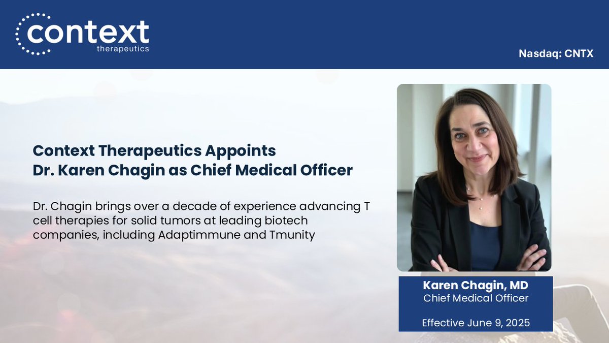 We’re excited to welcome Dr. Karen Chagin as Chief Medical Officer at $CNTX, effective June 9, 2025!

With 10+ years leading T cell therapy development at Adaptimmune and Tmunity, she brings deep clinical expertise at a key time for Context.

Read more: tinyurl.com/5c78te9f