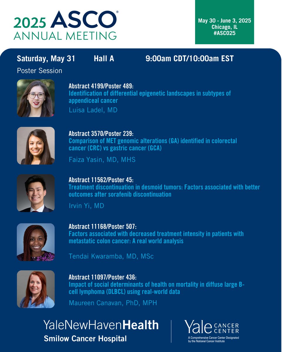 Yale Cancer Center (@yalecancer) on Twitter photo Our first group of poster presentations #ASCO25 begins at 9am CDT in Hall A. Stop by and learn more from Drs. Luisa Ladel, <a href="/faizayasin_md/">Faiza Yasin, MD MHS</a>, Irvin Yi, <a href="/KwarambaT90/">Tendai Kwaramba, MD. MSc.</a>, and Maureen Canavan.
<a href="/SmilowCancer/">Smilow Cancer Hospital</a> <a href="/YaleMed/">Yale School of Medicine</a> <a href="/YNHH/">Yale New Haven Hosp</a> <a href="/YaleHemOnc/">Yale Hematology Oncology Fellows</a> Our first group of poster presentations #ASCO25 begins at 9am CDT in Hall A. Stop by and learn more from Drs. Luisa Ladel, <a href="/faizayasin_md/">Faiza Yasin, MD MHS</a>, Irvin Yi, <a href="/KwarambaT90/">Tendai Kwaramba, MD. MSc.</a>, and Maureen Canavan.
<a href="/SmilowCancer/">Smilow Cancer Hospital</a> <a href="/YaleMed/">Yale School of Medicine</a> <a href="/YNHH/">Yale New Haven Hosp</a> <a href="/YaleHemOnc/">Yale Hematology Oncology Fellows</a>