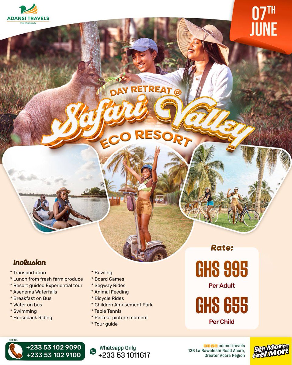 Ghana Tourism Authority (@ghanatourismgta) on Twitter photo Adansi Travels is calling all nature lovers, adventure seekers, and soul explorers to our exclusive safari day retreat! Safari Valley Eco Resort - 7th June, 2025
Limited space available — secure your spot today: Whatsapp 0531011617
#xploreghana #loveyourown <a href="/adansitravels/">Adansi Travels Limited</a> Adansi Travels is calling all nature lovers, adventure seekers, and soul explorers to our exclusive safari day retreat! Safari Valley Eco Resort - 7th June, 2025
Limited space available — secure your spot today: Whatsapp 0531011617
#xploreghana #loveyourown <a href="/adansitravels/">Adansi Travels Limited</a>