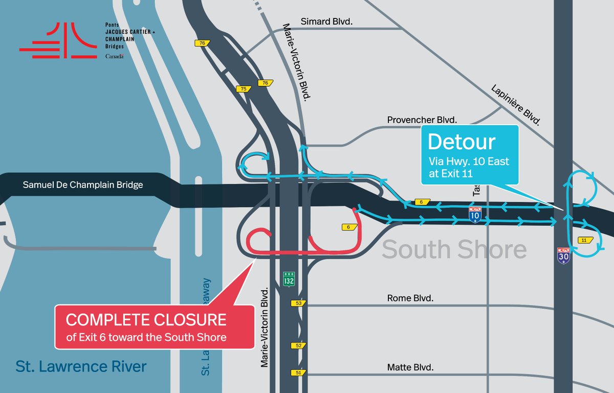 Samuel De Champlain Bridge | Complete closure of Exit 6 toward the South Shore on May 30
See notice: jacquescartierchamplain.ca/en/structures/…
 #JCCBI #mobilitéMTL #ChamplainBridge