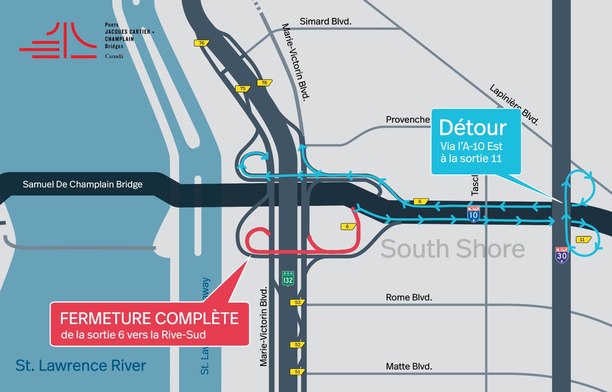 Pont Samuel-De Champlain | Fermeture complète de la sortie 6 en direction de la Rive-Sud le 30 mai
Voir avis complet : jacquescartierchamplain.ca/fr/structures/…
 #PJCCI #mobilitéMTL #pontChamplain