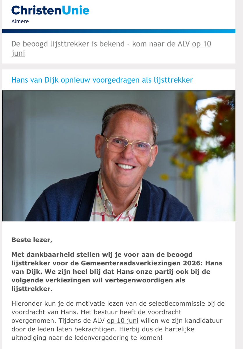 hnsvandijk's tweet image. Het bestuur en de selectiecommissie van de @CUAlmere ChristenUnie Almere hebben mij voorgedragen als lijsttrekker voor de gemeenteraadsverkiezingen van 2026.

Ik ben dankbaar voor het vertrouwen dat het bestuur en de selectiecommissie in mij stellen. Op 10 juni a.s. zullen de…