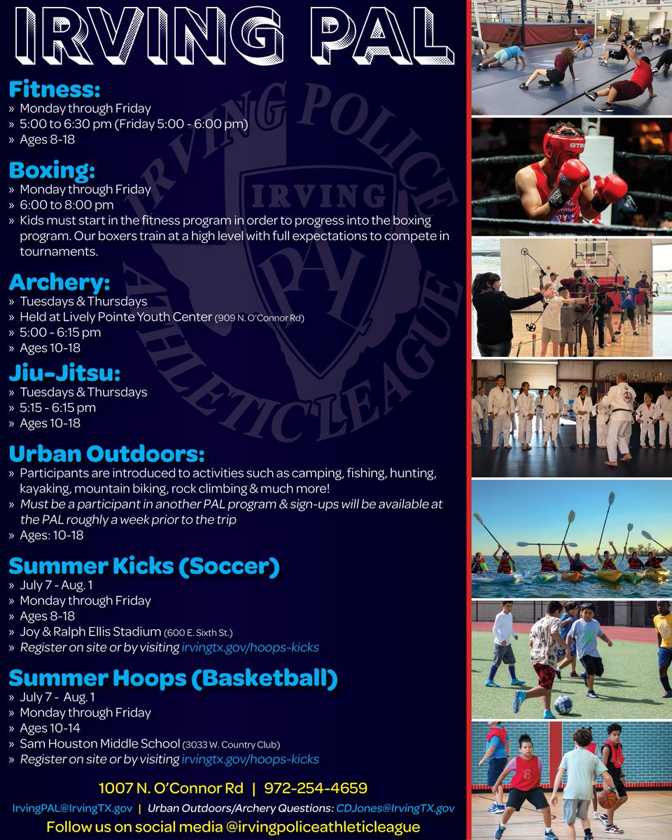 Looking for something fun for your kids this summer? Look no further than the Irving Police Athletic League! We’ve got a summer packed with exciting programs your kids will love!

Check out the flyer for details!