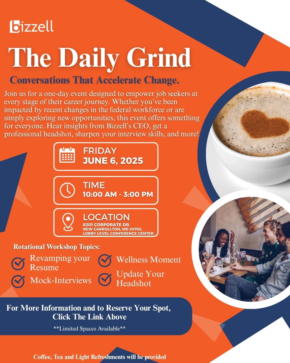 📢 FINAL CALL: Registration closes SOON!
Don’t miss The Daily Grind—a FREE one-day event to revamp your resume, practice interviews &amp; get a pro headshot.
🗓 June 6 | 🕐 10AM–3PM
📍 8201 Corporate Dr., New Carrollton, MD
👉surveymonkey.com/r/thedailygrin…
#JobSeekers #BizzellUS #Network