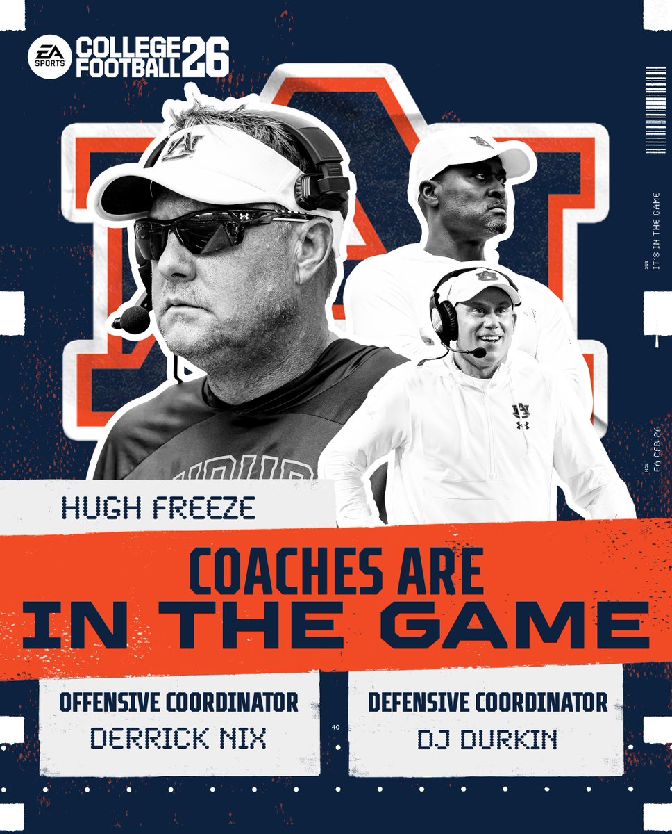 Auburn Football (@auburnfootball) on Twitter photo 𝐎𝐟𝐟𝐢𝐜𝐢𝐚𝐥𝐥𝐲 game ready 🥶🦅
<a href="/CoachHughFreeze/">Hugh Freeze</a>
<a href="/CoachDurkin/">Coach Durkin</a>
<a href="/DerrickDnix/">Coach Derrick Nix</a>
#WarEagle | <a href="/EASPORTSCollege/">EASPORTSCollege</a> 𝐎𝐟𝐟𝐢𝐜𝐢𝐚𝐥𝐥𝐲 game ready 🥶🦅
<a href="/CoachHughFreeze/">Hugh Freeze</a>
<a href="/CoachDurkin/">Coach Durkin</a>
<a href="/DerrickDnix/">Coach Derrick Nix</a>
#WarEagle | <a href="/EASPORTSCollege/">EASPORTSCollege</a>