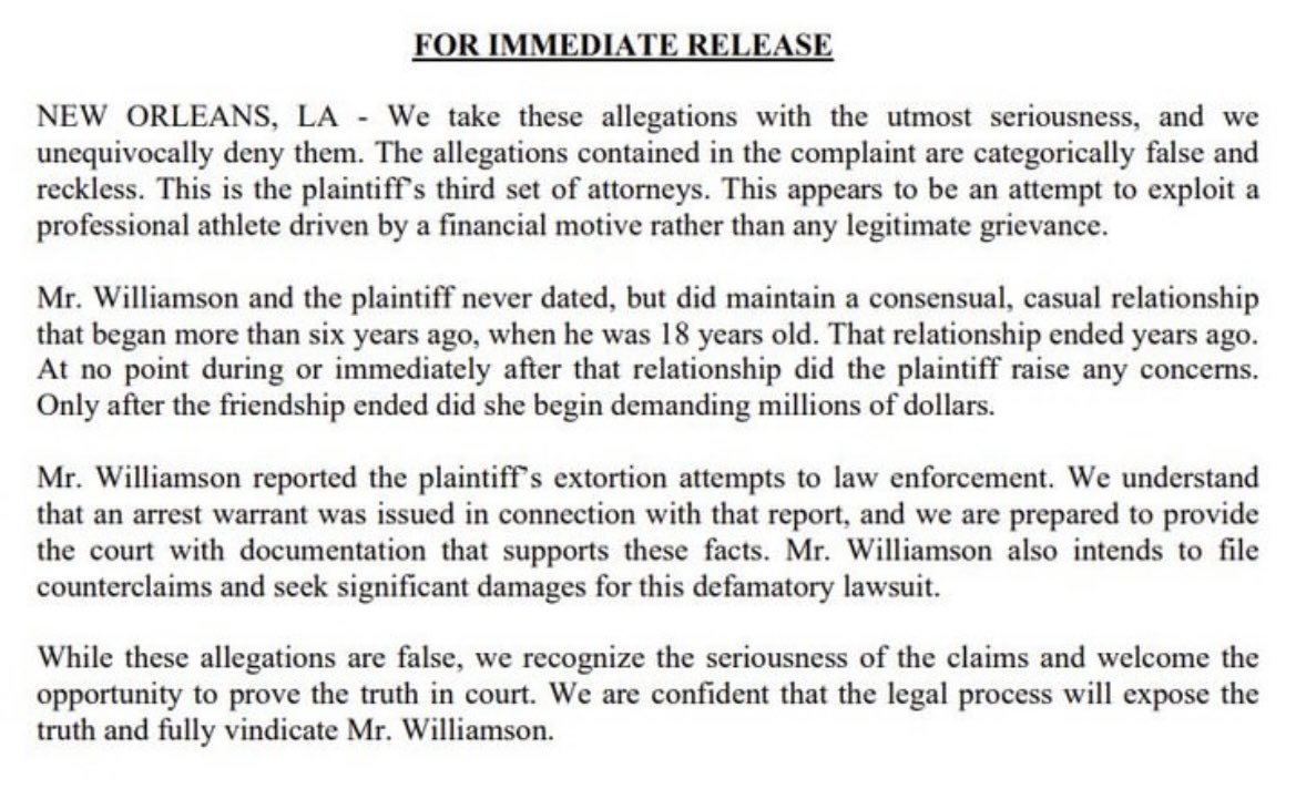 Here’s a statement from Zion’s attorney. 

Via- <a href="/FOX8NOLA/">FOX 8 New Orleans</a>