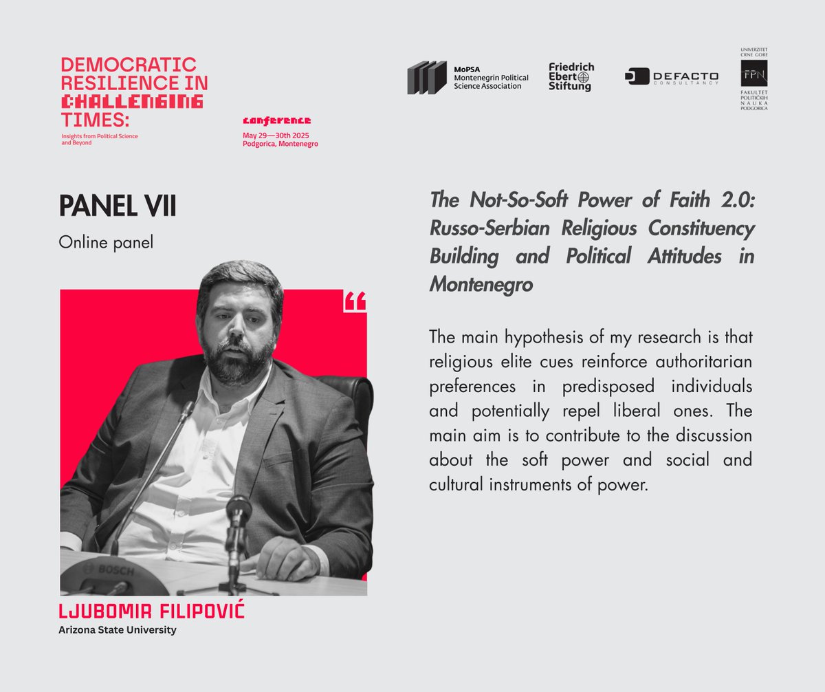 MoPSA (@mopsa_) on Twitter photo 🌐 Can religious elite cues reinforce authoritarian views and support for identity-based politics?
At #MoPSA2025, Ljubomir Filipović (<a href="/ASU/">Arizona State University</a>) presented his working paper on how Russo-Serbian religious soft power shapes political attitudes in MNE.
<a href="/ljubofil/">Ljubomir Filipović 🇲🇪🇺🇸</a> 🌐 Can religious elite cues reinforce authoritarian views and support for identity-based politics?
At #MoPSA2025, Ljubomir Filipović (<a href="/ASU/">Arizona State University</a>) presented his working paper on how Russo-Serbian religious soft power shapes political attitudes in MNE.
<a href="/ljubofil/">Ljubomir Filipović 🇲🇪🇺🇸</a>