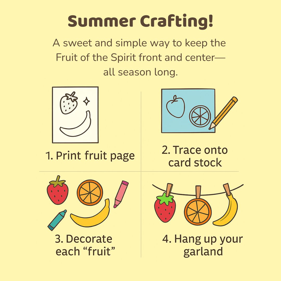 Help kids hide God’s Word in their hearts—with a craft they’ll love hanging up all summer long! 🍓🍊🍌

Start your weekend with this 🧵 DIY Fruit of the Spirit Garland

Draw fruit shapes or comment for our free printable.

Cut them out.

Write one fruit from Galatians 5:22–23.