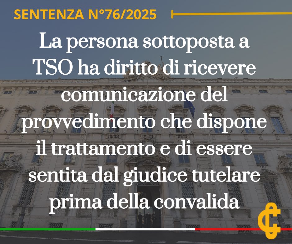 La persona sottoposta a TSO ha diritto di ricevere comunicazione del provvedimento che dispone il trattamento e di essere sentita dal giudice tutelare prima della convalida.

cortecostituzionale.it/documenti/comu…

#Comunicato #Sentenza #Cortecostituzionale