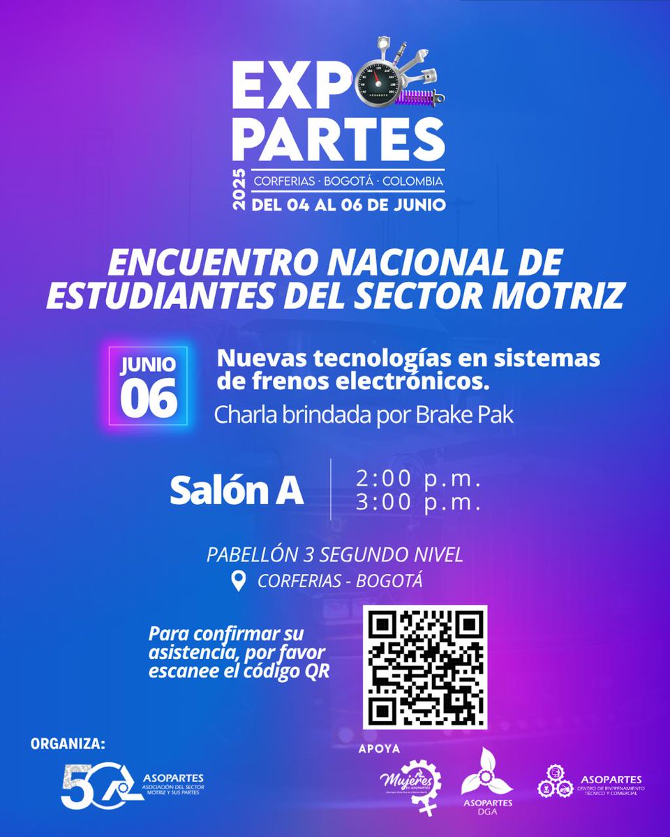 🚗 ¿Estudias tecnología automotriz?
No te pierdas el Encuentro Nacional de Estudiantes en #EXPOPARTES2025.
📅 6 de junio | 🕑 2:00 p. m. | 📍 Corferias – Pabellón 3
🧠 Tema: Sistemas de frenos electrónicos
🎟️ Regístrate: bit.ly/EstudiantesExp…

#HacemosLatirElMotor