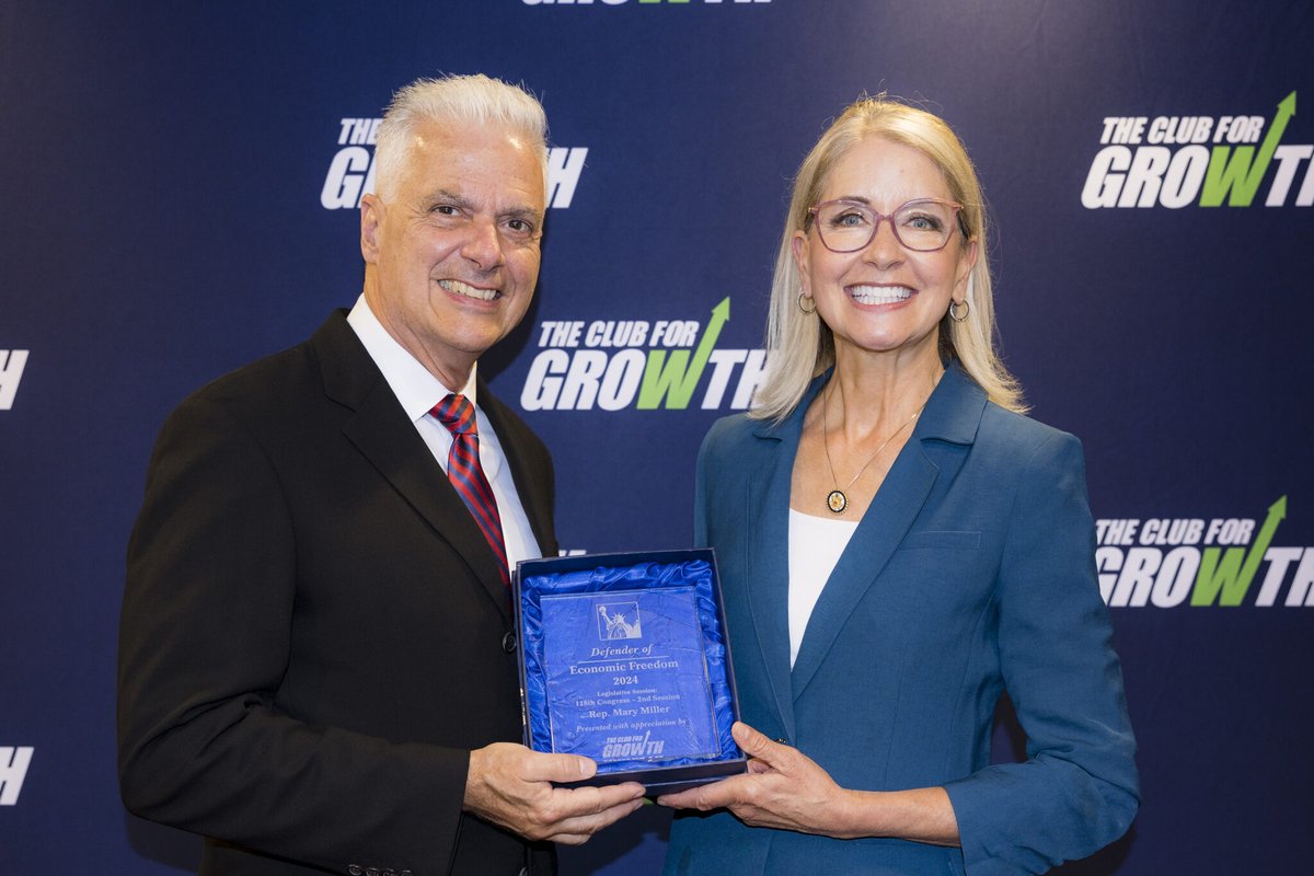 Club for Growth (@club4growth) on Twitter photo 🏆 Congratulations to <a href="/RepMaryMiller/">Rep. Mary Miller</a> — recognized by Club for Growth as a Defender of Economic Freedom!
This award is based on voting records presented by the @cfgFoundation’s 2024 Congressional Scorecard and honors those who consistently support pro-growth economic policies in 🏆 Congratulations to <a href="/RepMaryMiller/">Rep. Mary Miller</a> — recognized by Club for Growth as a Defender of Economic Freedom!
This award is based on voting records presented by the @cfgFoundation’s 2024 Congressional Scorecard and honors those who consistently support pro-growth economic policies in