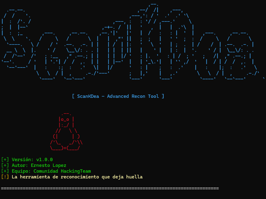 ScanKDea es un escáner de seguridad avanzado en Python diseñado para profesionales de ciberseguridad y auditorías éticas. Ofrece capacidades de escaneo de puertos, detección de servicios, fingerprinting de sistemas operativos y análisis de vulnerabilidades básico.

🚀