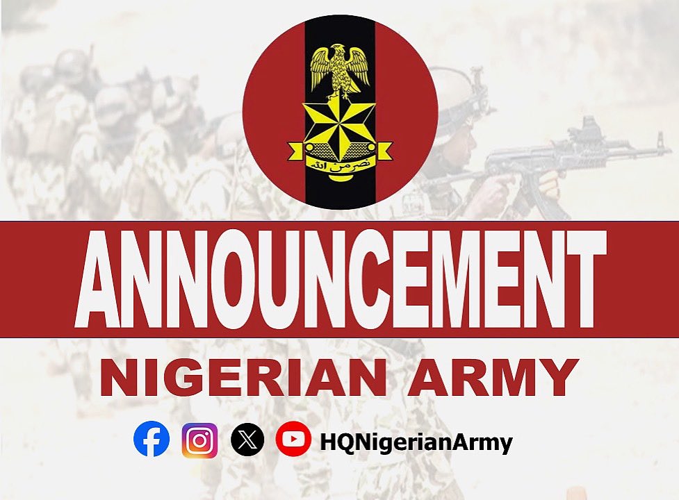 UPDATE ON 89RRI RECRUITMENT EXERCISE

The Nigerian Army has rescheduled the 89 Regular Recruit Intake (89RRI) exercise, which will now hold from June 8th to 21st, 2025. This supersedes the previous dates of June 2nd to 16th, 2025. All shortlisted candidates and the general public