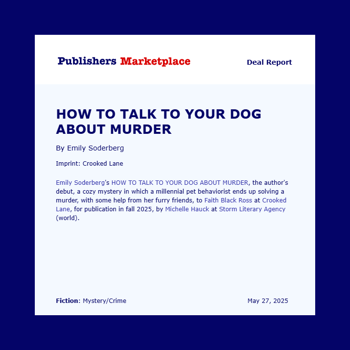 Thrilled to share the news of a cozy mystery coming this fall from client Emily Soderberg ! HOW TO TALK TO YOUR DOG ABOUT MURDER is fun and lighthearted and just the sort of book to sink into a forget the world! (It's on NetGalley next week!) <a href="/StormLiterary/">StormLiteraryAgency</a>