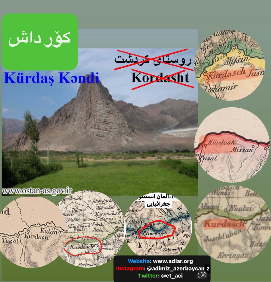 اسم روستای #کۆر_داش (گۆر_داش:یعنی سنگ بزرگ یا مرتفع)در جلفا به #کردشت تغییرداده شده است!صخره‌ی سنگی بزرگ در جوار روستا در عکس هم وجه تسمیه اش را نشان میدهد!نام تاریخی اش در نقشه های قدیمی هم ضمینه میگردد!
 Culfa bölgəsində #Kür_Daş kəndin adı #Kordasht adına dəyişdirilmişdir