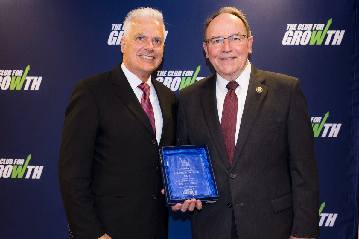 Club for Growth (@club4growth) on Twitter photo 🏆 Congratulations to <a href="/RepTiffany/">Rep. Tom Tiffany</a> — recognized by Club for Growth as a Defender of Economic Freedom!
This award is based on voting records presented by the @cfgFoundation’s 2024 Congressional Scorecard and honors those who consistently support pro-growth economic policies in 🏆 Congratulations to <a href="/RepTiffany/">Rep. Tom Tiffany</a> — recognized by Club for Growth as a Defender of Economic Freedom!
This award is based on voting records presented by the @cfgFoundation’s 2024 Congressional Scorecard and honors those who consistently support pro-growth economic policies in