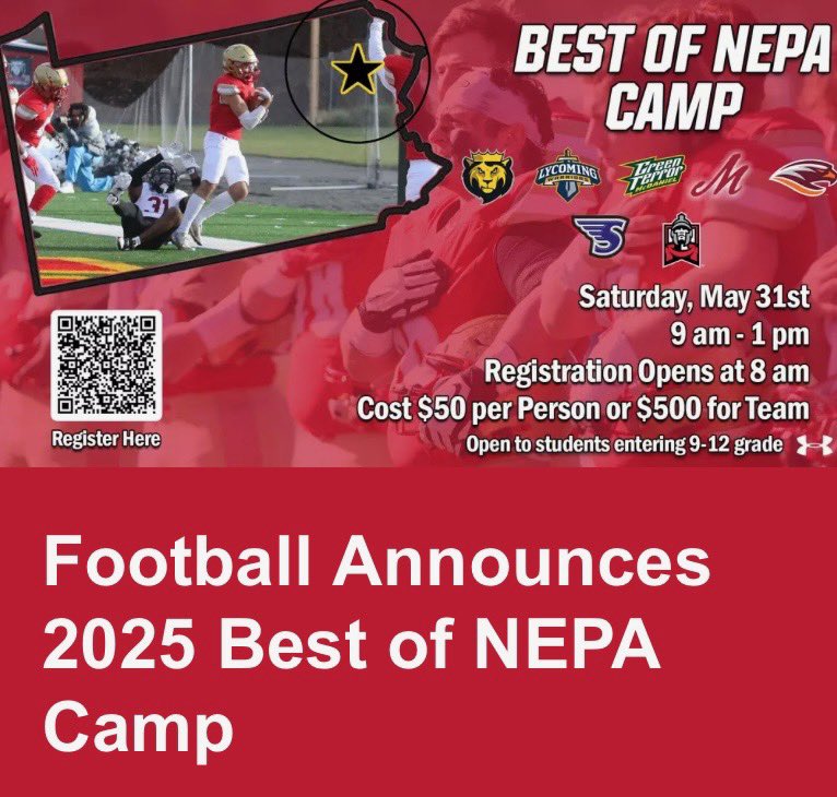 Excited to get on the field tomorrow for the Best of NEPA Camp <a href="/KingsCollegeFB/">King's Football 🏈</a> <a href="/CoachCebrosky/">Coach Mike Cebrosky</a> <a href="/Coach_Bakanas/">Ben Bakanas</a> <a href="/CoachKarycinski/">Michael Karycinski</a> 
<a href="/McDaniel_FB/">McDaniel College Football</a> <a href="/CoachFultz/">Skyler Fultz</a> @davidh51
<a href="/SURiverHawksFB/">Susquehanna Football</a> <a href="/SUCoachPerk/">Tom Perkovich</a> 
<a href="/QACHS_Football/">Queen Anne's County HS Lions Football</a> <a href="/Coach__Mooney/">Coach Mooney</a> <a href="/AikinBrian/">Brian Aikin</a> <a href="/jbmandes/">Coach Jude</a>