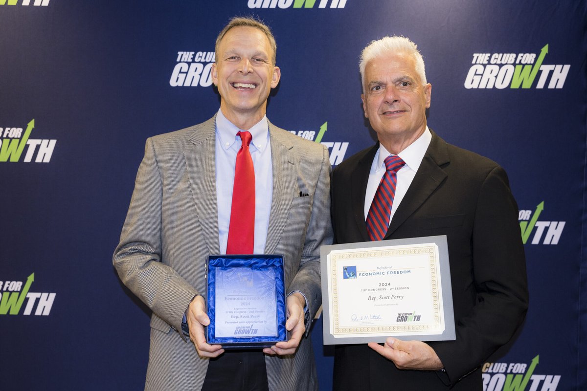 Club for Growth (@club4growth) on Twitter photo 🏆 Congratulations to <a href="/RepScottPerry/">Rep. Scott Perry</a> — recognized by Club for Growth as a Defender of Economic Freedom!
This award is based on voting records presented by the @cfgFoundation’s 2024 Congressional Scorecard and honors those who consistently support pro-growth economic policies in 🏆 Congratulations to <a href="/RepScottPerry/">Rep. Scott Perry</a> — recognized by Club for Growth as a Defender of Economic Freedom!
This award is based on voting records presented by the @cfgFoundation’s 2024 Congressional Scorecard and honors those who consistently support pro-growth economic policies in