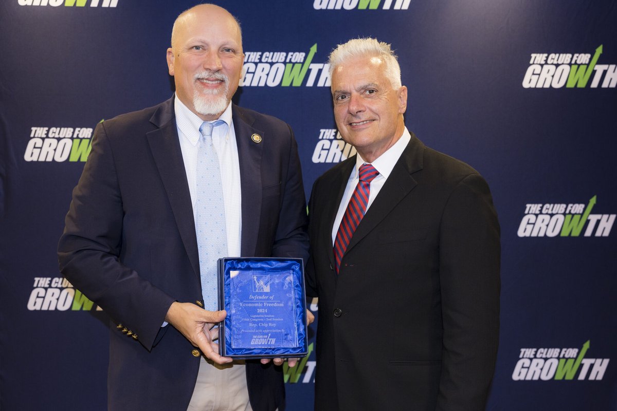 Club for Growth (@club4growth) on Twitter photo 🏆 Congratulations to <a href="/RepChipRoy/">Rep. Chip Roy Press Office</a> — recognized by Club for Growth as a Defender of Economic Freedom!
This award is based on voting records presented by the @cfgFoundation’s 2024 Congressional Scorecard and honors those who consistently support pro-growth economic policies in 🏆 Congratulations to <a href="/RepChipRoy/">Rep. Chip Roy Press Office</a> — recognized by Club for Growth as a Defender of Economic Freedom!
This award is based on voting records presented by the @cfgFoundation’s 2024 Congressional Scorecard and honors those who consistently support pro-growth economic policies in