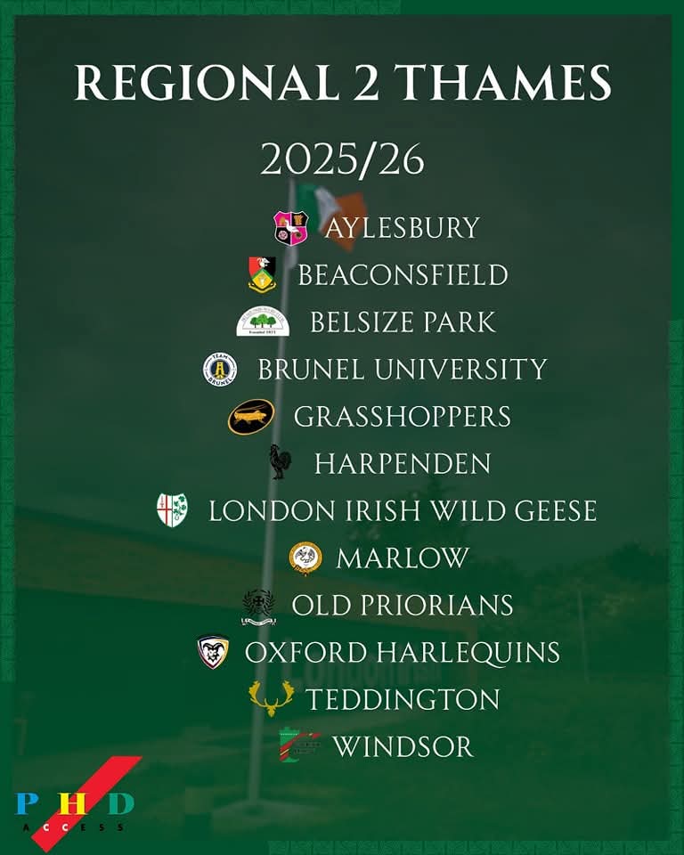 We welcome four new teams to Regional 2 Thames next season as Brunel, Oxford Harlequins and Windsor all come up from level 7 while Harpenden have come down from level 5.

With some new coaching appointments to be announced.

#LondonIrish #WildGeese #coyi☘