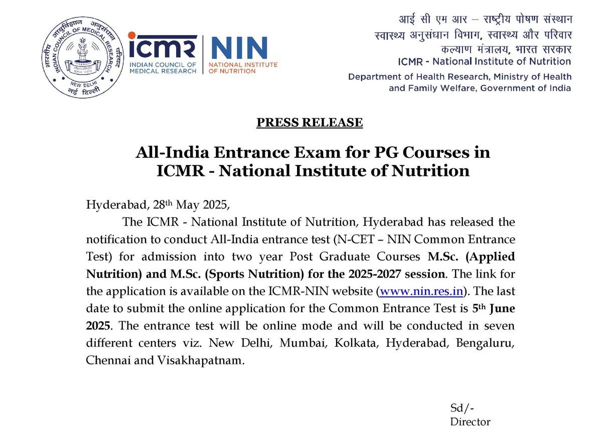 ICMR - National Institute of Nutrition (@icmrnin) on Twitter photo All-India Entrance Exam for PG Courses in our Institute… Application deadline nearing.
Visit - ibtexamination.com/ICMR_NIN_2025/…
<a href="/ICMRDELHI/">ICMR</a> <a href="/DeptHealthRes/">Department of Health Research, MoHFW</a> <a href="/MoHFW_INDIA/">Ministry of Health</a> All-India Entrance Exam for PG Courses in our Institute… Application deadline nearing.
Visit - ibtexamination.com/ICMR_NIN_2025/…
<a href="/ICMRDELHI/">ICMR</a> <a href="/DeptHealthRes/">Department of Health Research, MoHFW</a> <a href="/MoHFW_INDIA/">Ministry of Health</a>