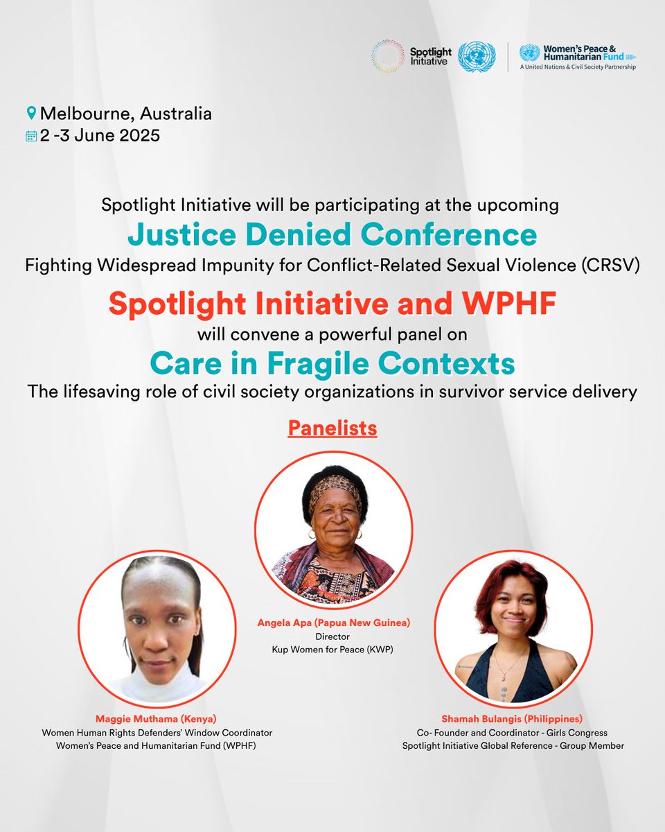 Spotlight Initiative (@globalspotlight) on Twitter photo Spotlight Initiative will be participating in the Justice Denied Conference. Together with <a href="/wphfund/">Women's Peace & Humanitarian Fund</a>, we’ll be hosting a session, highlighting the lifesaving role of CSOs in delivering survivor-centered services in conflict-affected settings.
#EndVAWG #CRSV #SpotlightInitiative Spotlight Initiative will be participating in the Justice Denied Conference. Together with <a href="/wphfund/">Women's Peace & Humanitarian Fund</a>, we’ll be hosting a session, highlighting the lifesaving role of CSOs in delivering survivor-centered services in conflict-affected settings.
#EndVAWG #CRSV #SpotlightInitiative