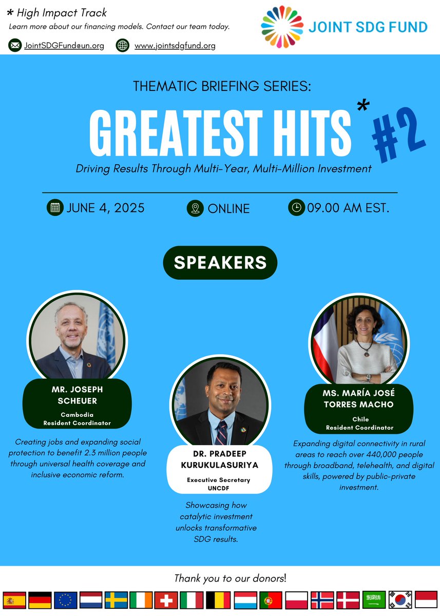 Joint SDG Fund 🇺🇳 (@jointsdgfund) on Twitter photo 📢 The Greatest HITs Series continues!
🎙️ <a href="/UN/">United Nations</a> Resident Coordinators in 🇰🇭 Cambodia & 🇨🇱 Chile will share how joint programmes create jobs, expand protection & boost rural inclusion—joined by Executive Secretary of <a href="/UNCDF/">UNCDF</a>.
🗓️ June 4
🕘 9:00 AM ET
🔗RSVP: forms.office.com/e/eN8pWDnUUf 📢 The Greatest HITs Series continues!
🎙️ <a href="/UN/">United Nations</a> Resident Coordinators in 🇰🇭 Cambodia & 🇨🇱 Chile will share how joint programmes create jobs, expand protection & boost rural inclusion—joined by Executive Secretary of <a href="/UNCDF/">UNCDF</a>.
🗓️ June 4
🕘 9:00 AM ET
🔗RSVP: forms.office.com/e/eN8pWDnUUf