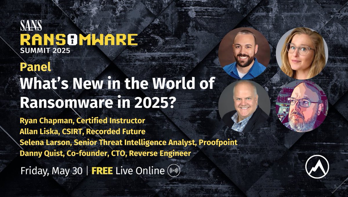 sansforensics's tweet photo. 🔥 #RansomwareSummit Panel is LIVE | Join @rj_chap, Selena Larson, Allan Liska, &amp; @OpenMalware as they cover what's happening in #Ransomware in 2025. 
 
🔗 Join us online here: https://t.co/Q4hlPMuHWQ https://t.co/kWngFuTB8O