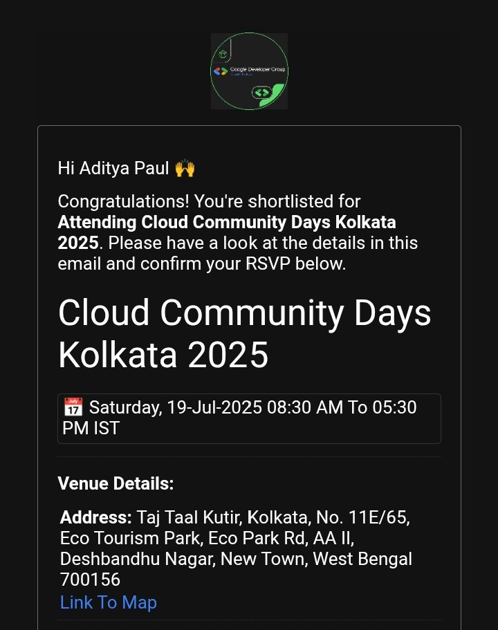 i_aditya_paul's tweet image. Got shortlisted for Cloud Community Days Kolkata 2025 ✨❤️

@GDGIndia