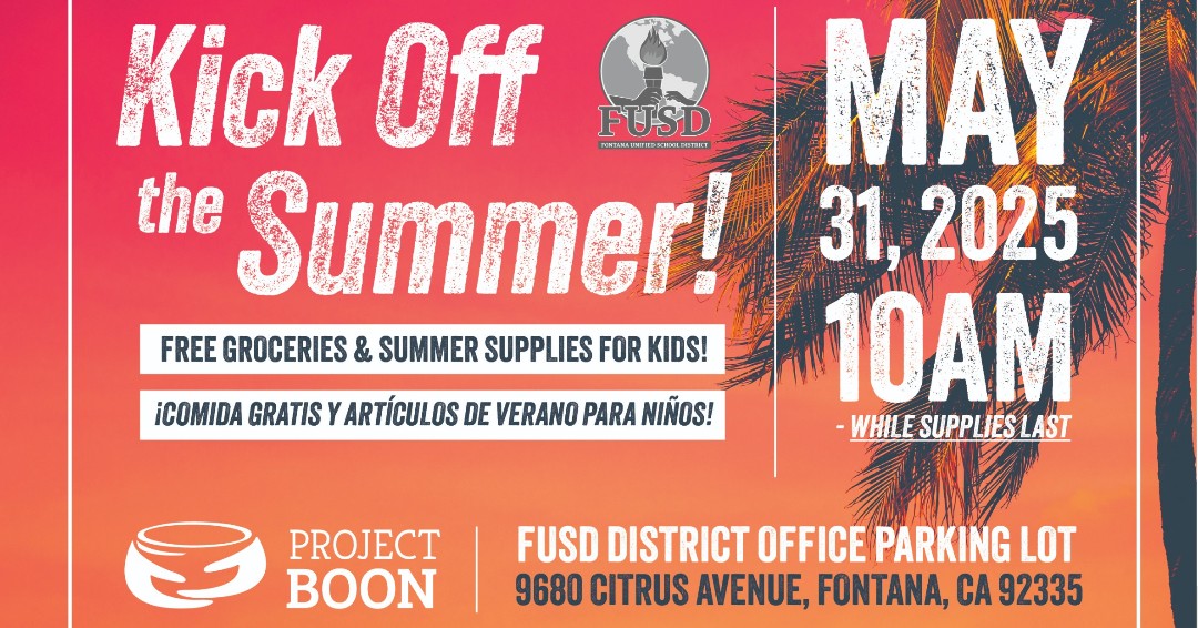 FUSD is excited to partner with Project Boon for the Kick-off the Summer Event!  Join us for free groceries and summer supplies for kids, Saturday, May 31 starting at 10am (while supplies last).
Distribution will take place at the district office parking lot.