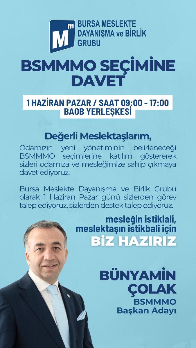 mesdaybir's tweet photo. Değerli Meslektaşlarım,
Odamızın yeni yönetiminin belirleneceği BSMMMO seçimlerine katılım göstererek sizleri odamıza ve mesleğimize sahip çıkmaya davet ediyoruz. Bursa Meslekte Dayanışma ve Birlik Grubu olarak 1 Haziran Pazar günü sizlerden görev ve destek talep ediyoruz
#bsmmmo https://t.co/aL1gHfdUwg
