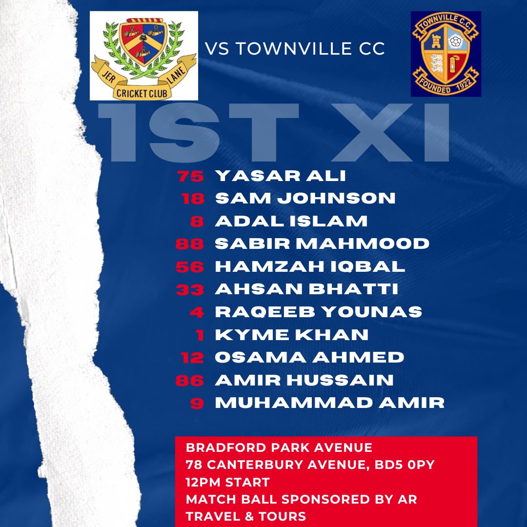 Jer Lane CC (@jerlanecc) on Twitter photo The 1st XI welcome <a href="/TownvilleCCX1/">TownvilleCC</a> to Park Avenue Cricket Ground - Bradford Looking to bounce back following the defeat on Saturday the boys will be keen to turn things around.
The team remains unchanged from last week.
Match ball is proudly sponsored by AR Travel & Tours Ltd The 1st XI welcome <a href="/TownvilleCCX1/">TownvilleCC</a> to Park Avenue Cricket Ground - Bradford Looking to bounce back following the defeat on Saturday the boys will be keen to turn things around.
The team remains unchanged from last week.
Match ball is proudly sponsored by AR Travel & Tours Ltd