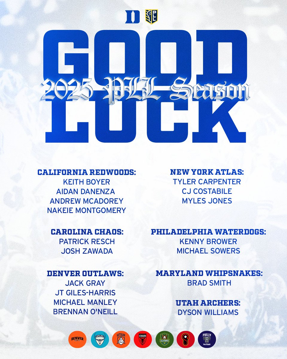 Duke Men's Lacrosse (@dukemlax) on Twitter photo The 2025 season of <a href="/PremierLacrosse/">Premier Lacrosse League</a> starts today!
Good luck to our 17 Blue Devils playing in the PLL this season 😈 The 2025 season of <a href="/PremierLacrosse/">Premier Lacrosse League</a> starts today!
Good luck to our 17 Blue Devils playing in the PLL this season 😈