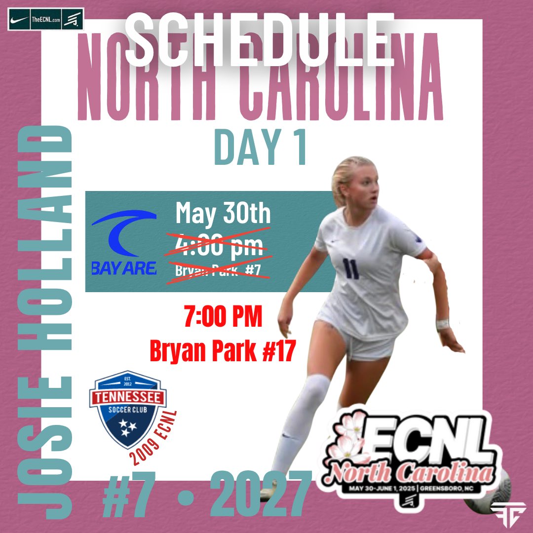 1st game of the weekend‼️Can’t wait to see you there!

<a href="/TSC09GECNL/">Tennessee SC 09G ECNL</a> <a href="/ECNLgirls/">ECNL Girls</a> <a href="/ImCollegeSoccer/">College Soccer Truth ™</a> <a href="/TheSoccerWire/">SoccerWire</a> <a href="/TravisFravel/">Travis Fravel</a>