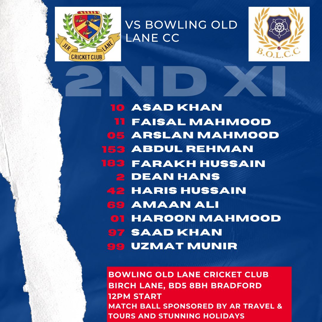 The 2nd XI travel to Bowling Old Lane tomorrow and will look to continue on from last weeks positive result vs Methley. 

Two changes from last week, Farakh Hussain and Haris Hussain come in to the side. 

Match ball is proudly sponsored by AR Travel &amp; Tours Ltd Stunning Holiday