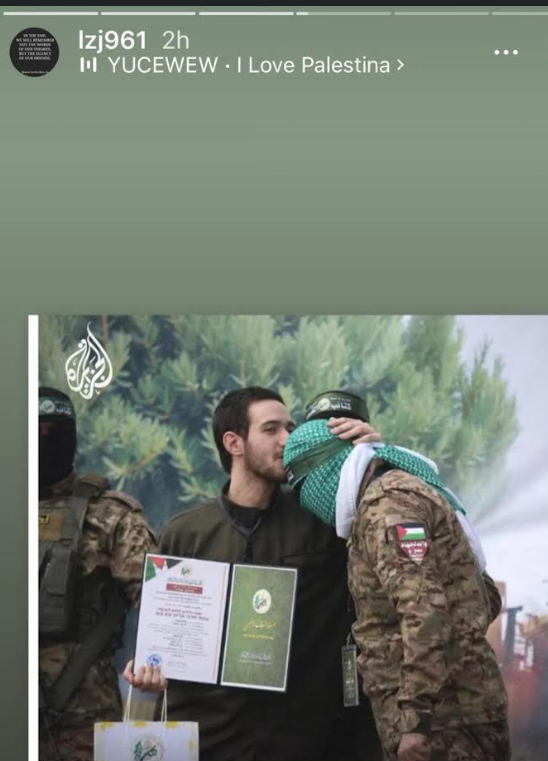 ygrill's tweet photo. @larazjmd @PeterBeinart is this what you mean by "Palestine programming"?  Posting a picture of a hostage kissing his captors? https://t.co/dH0gfJyi2m