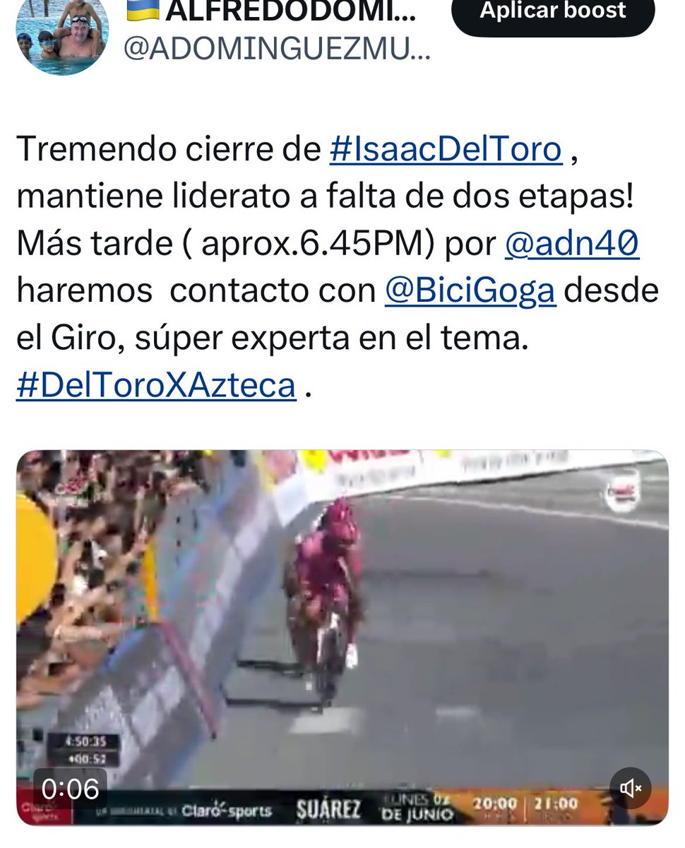 Yyeeeeeeesssss!!!!!!
Ampliamos información en enlace hasta el Giro de Italia con Georgina Ruíz Sandoval, experta en Ciclismo .. los espero ADN40 aprox. 6 45
PM