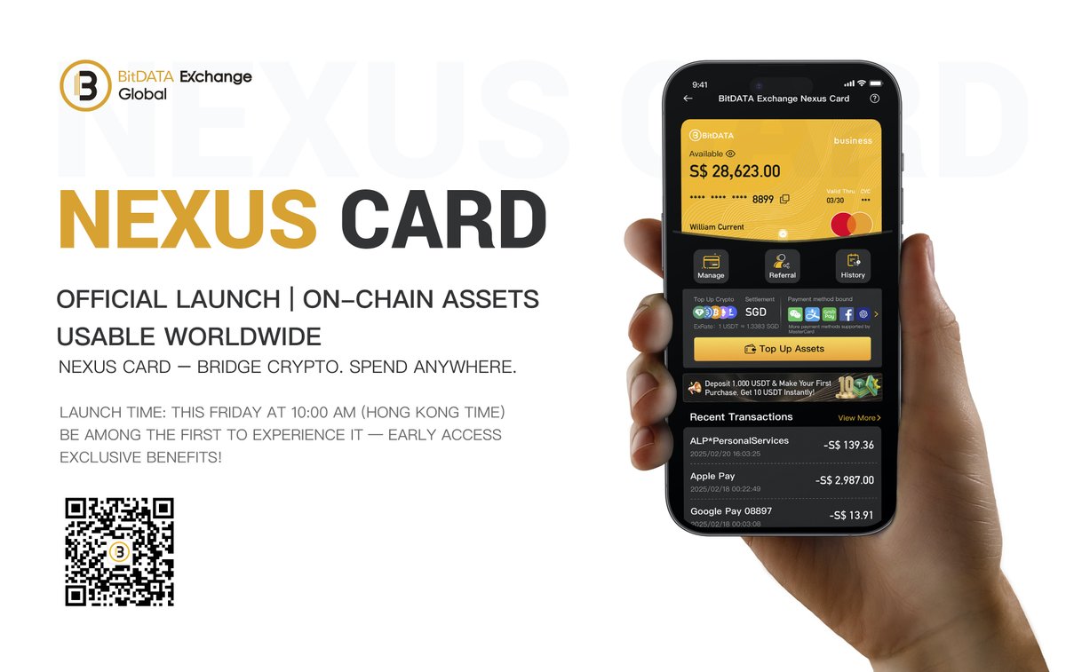 KenWong_Crypto's tweet image. 🌐 Official Launch — NEXUS CARD is here!
Bridge your crypto. Spend it anywhere. Instantly.
💳 On-chain assets → Real-world spending
🕙 Launch: This Friday 10:00 AM (HKT)
🔥 Be among the first. Early access = exclusive benefits.

👉 Scan the QR code now.

#CryptoCard #BitDATA…