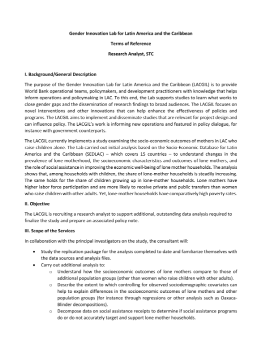 a_peterman's tweet photo. .@wb_research LAC Gender Innovation Lab [GIL] is looking for a summer analyst 

* 30 days consultancy 
* crunch data on single moms
* work with the fantastic @jjdehoop &amp; @hugonopo 

Application materials emailed by June 8 👇🏾 https://t.co/8gHPT7cJFR