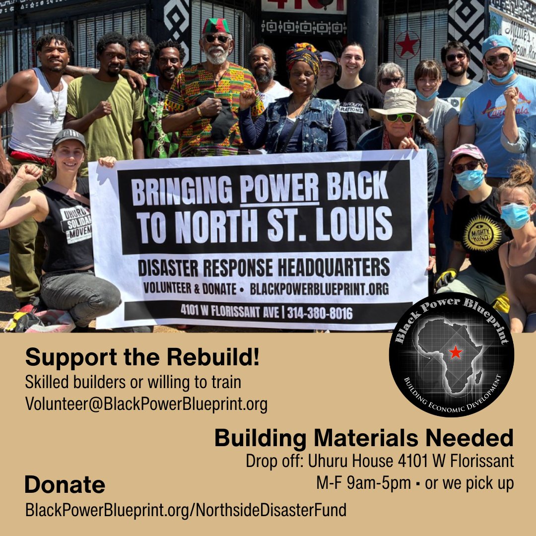 UhuruSolidarity's tweet photo. "Black Power Blueprint at the Uhuru House" is the post-tornado disaster relief center in North St. Louis, coordinated by and serving the black community.

You can donate at https://t.co/7EmgCt8ouo

#STL #StLouisTornado #Tornado #DisasterRelief #CleanUpSTL #BlackPowerBlueprint https://t.co/GCvz2xK7sz