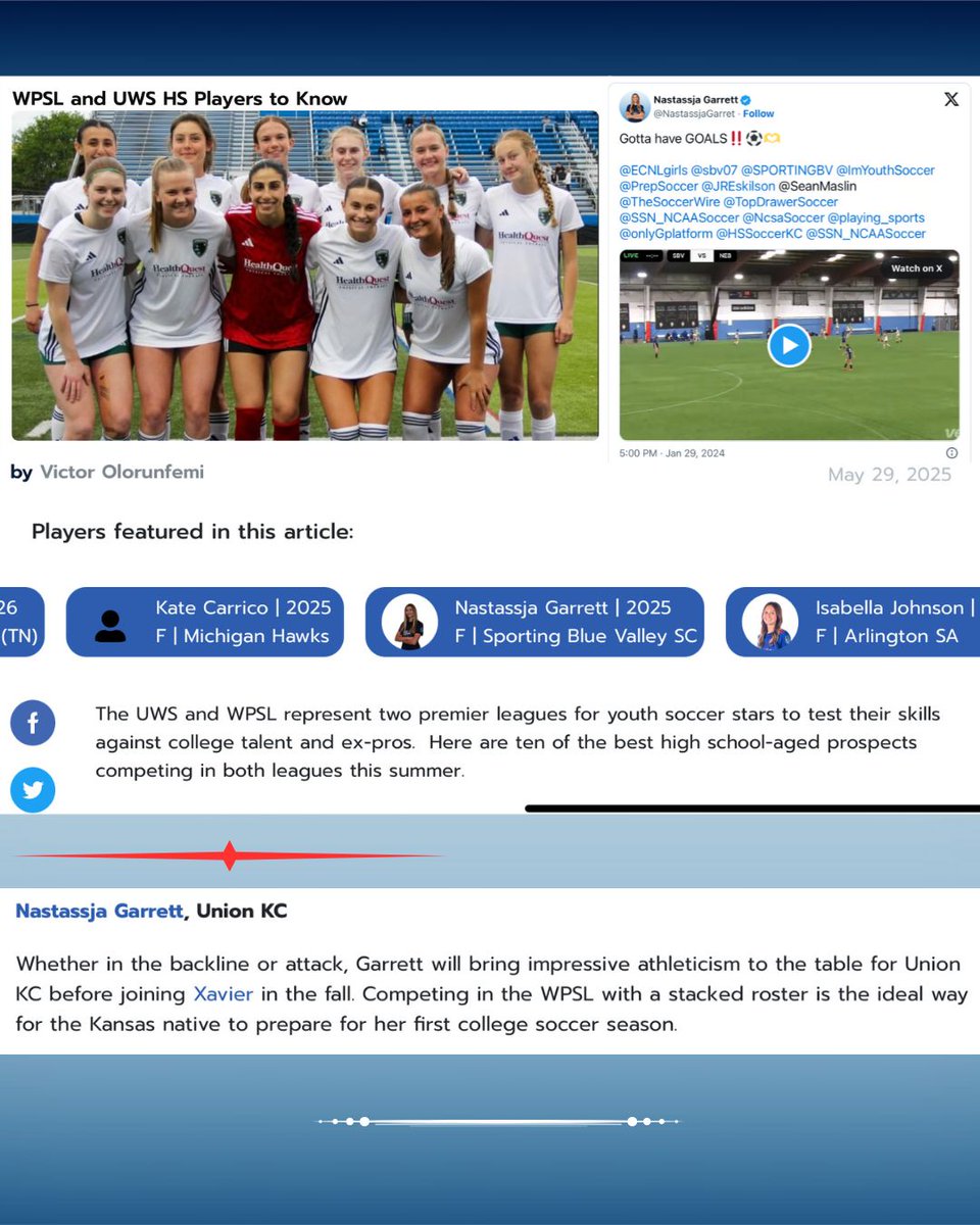 Nastassja Garrett (@nastassjagarret) on Twitter photo Thank you <a href="/TopDrawerSoccer/">TopDrawerSoccer</a> for the shoutout!! Grateful to listed among the top HS <a href="/WPSL/">Women’s Premier Soccer League</a> players and to be playing with such talented <a href="/unionkcwpsl/">Union KC Soccer WPSL</a> teammates!❤️
<a href="/XavierWSOC/">Xavier Women's Soccer</a> <a href="/ImYouthSoccer/">ECNL/GA/Recruiting/College Soccer</a> <a href="/BVNWsoccer/">BVNWsoccer</a> <a href="/hssckc/">HSSCKC</a> <a href="/BVNW_Athletics/">Blue Valley Northwest High School Athletics</a> <a href="/metrosports_mk/">Metro Sports MoKan</a> <a href="/HSSoccerKC/">SoccerKC</a> <a href="/SPORTINGBV/">SPORTING Blue Valley</a> @MacMoore_KSHSAA Thank you <a href="/TopDrawerSoccer/">TopDrawerSoccer</a> for the shoutout!! Grateful to listed among the top HS <a href="/WPSL/">Women’s Premier Soccer League</a> players and to be playing with such talented <a href="/unionkcwpsl/">Union KC Soccer WPSL</a> teammates!❤️
<a href="/XavierWSOC/">Xavier Women's Soccer</a> <a href="/ImYouthSoccer/">ECNL/GA/Recruiting/College Soccer</a> <a href="/BVNWsoccer/">BVNWsoccer</a> <a href="/hssckc/">HSSCKC</a> <a href="/BVNW_Athletics/">Blue Valley Northwest High School Athletics</a> <a href="/metrosports_mk/">Metro Sports MoKan</a> <a href="/HSSoccerKC/">SoccerKC</a> <a href="/SPORTINGBV/">SPORTING Blue Valley</a> @MacMoore_KSHSAA