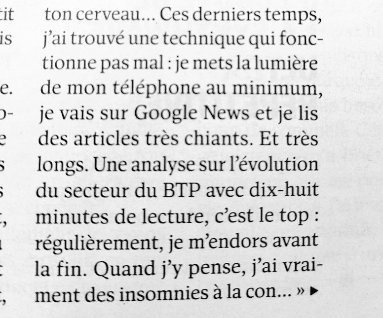 Dans <a href="/Le_NouvelObs/">Le Nouvel Obs</a>, enquête sur l'insomnie.
Et ce témoignage :
#astuce #passionBTP