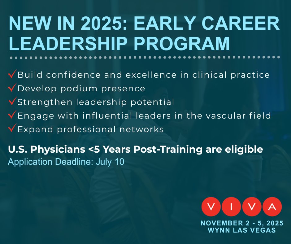 New opportunity for early career physicians (U.S., up to 5 years post-training)!

The #VIVA25 Early Career Leadership Program offers mentorship, leadership development &amp; networking opportunities.

Applications close July 10!

Learn more and apply: viva-foundation.org/viva1