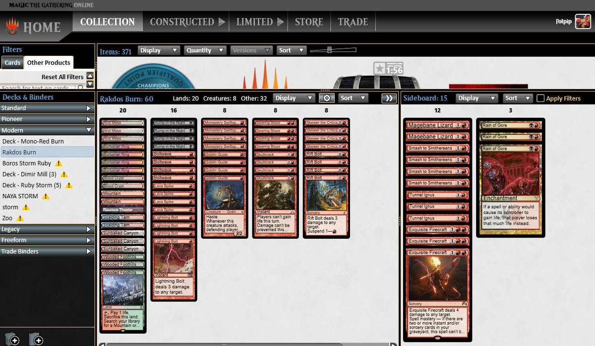 Trophy con Rakdos Burn!
No renta jugar el deck, hay que remar todo el rato y encima es malísimo, pero no tengo nada más xd

Matchups:

Rakdos Creativity: 🔥☔️🔥

Dimir Murktide: 🔥☔️🔥

UR Prowess: 🔥☔️🔥

Affinity: ☔️🔥🔥

Boros Energy: ☔️🔥🔥