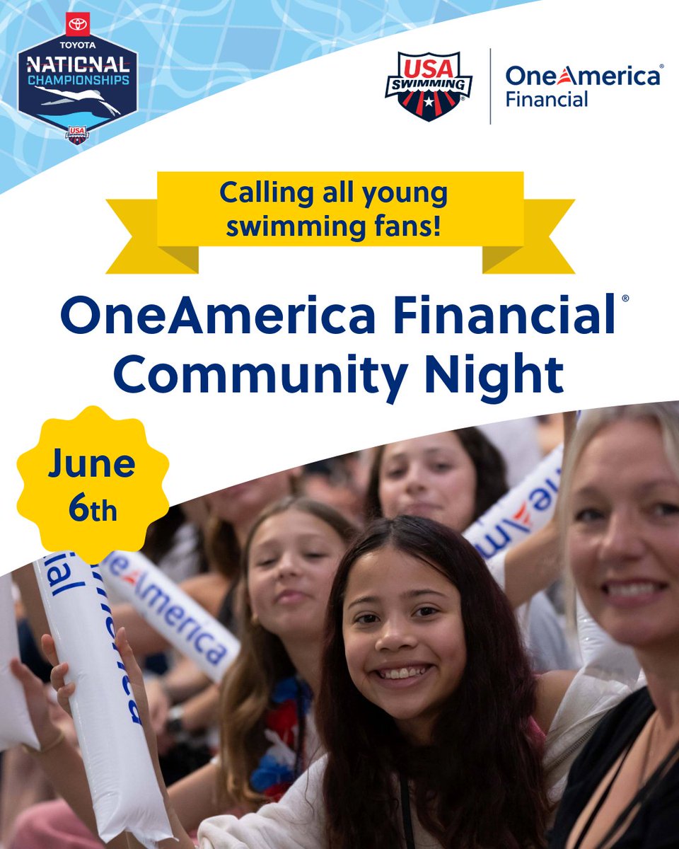 Young swim fans! 📣 On June 6, kids 6-12 get FREE admission to the Toyota National Championships Finals! 

Use promo code SWIMFREE for tickets! Don’t miss seeing the stars of USA Swimming -&gt; ow.ly/WOuX50W0ZNL

#FreeTickets #KidsActivities #IndianapolisEvents #SwimFree