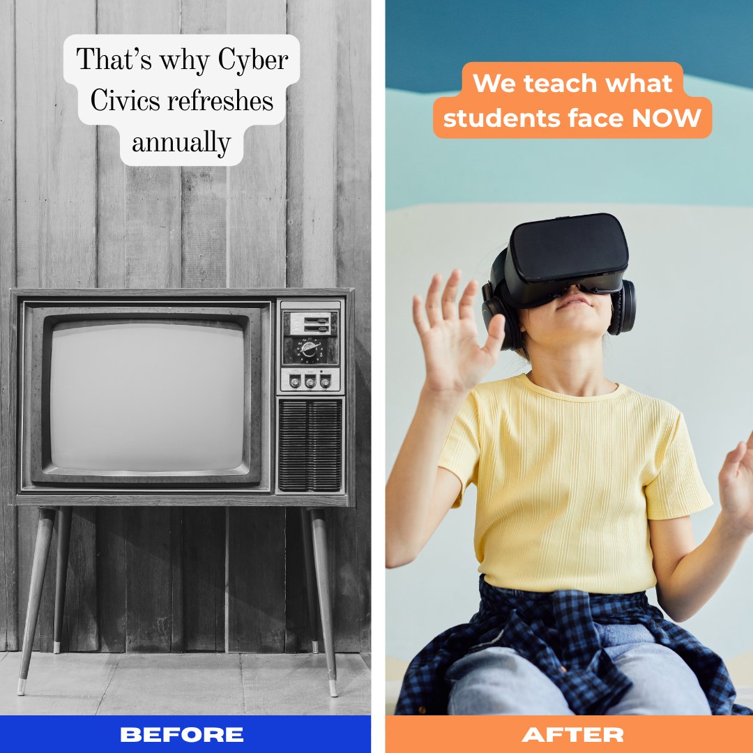 Tech has changed. So should digital literacy.

Cyber Civics updates annually to teach what students face now

📲 Real skills. Real impact. Real-world ready.

👉 cybercivics.com/scheduledemo

#CyberCivics #DigitalLiteracy #EdTech #CyberbullyingPrevention #DigitalCitizenship