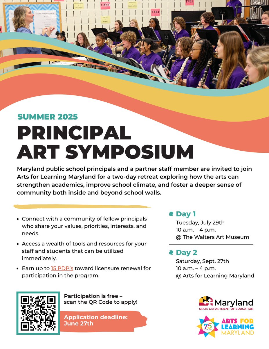 Maryland State Department of Education (@mdpublicschools) on Twitter photo 🎨 Calling all Maryland public school principals!
Join <a href="/msde_arts/">MSDE Comprehensive Arts Education</a> for the Summer 2025 Principal Art Symposium — a powerful two-day retreat designed in collaboration with <a href="/arts4learningmd/">Arts for Learning Maryland</a> to explore how the arts can transform academics, climate, and community in your school. 🎨 Calling all Maryland public school principals!
Join <a href="/msde_arts/">MSDE Comprehensive Arts Education</a> for the Summer 2025 Principal Art Symposium — a powerful two-day retreat designed in collaboration with <a href="/arts4learningmd/">Arts for Learning Maryland</a> to explore how the arts can transform academics, climate, and community in your school.