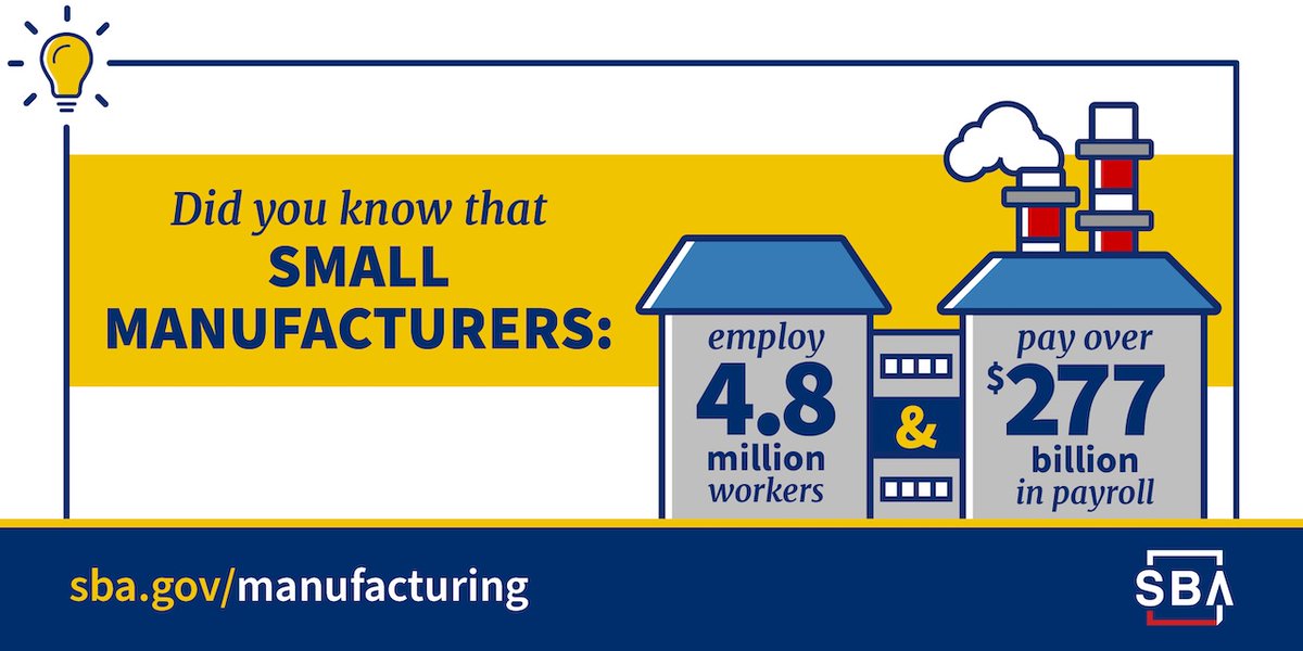 🏗️🏭There's a manufacturing BOOM in America! Learn about funding options and other resources to help small manufacturers grow and create jobs right here in the United States: sba.gov/manufacturing